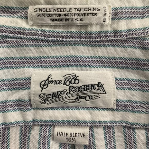 Vintage 80s Sears Roebuck Stripe Menswear Oversized Button Up Short Slee… - Picture 4 of 12